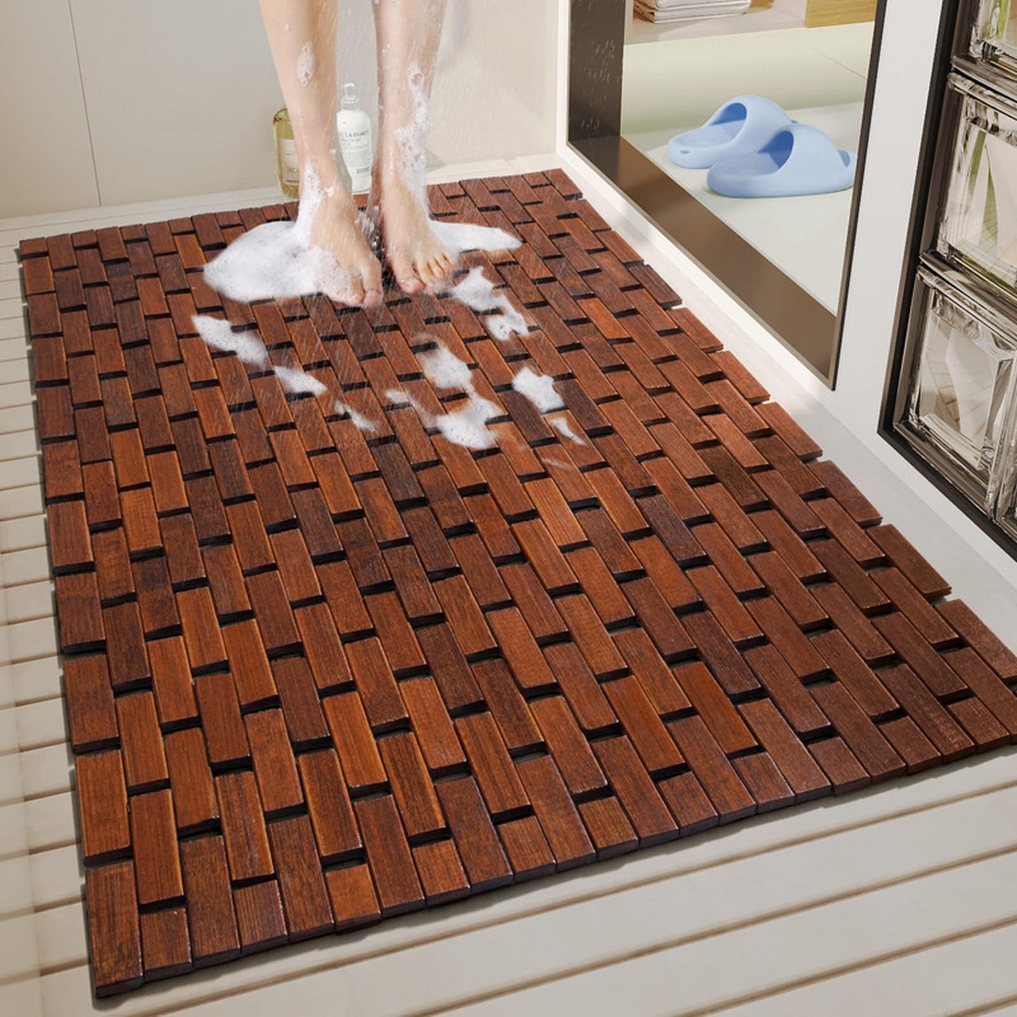 Liveinu Bath Mat for Luxury Shower, Non-Slip Bamboo Sturdy Waterproof Bathroom Carpet for Sauna Spa Steps Decor and Accessory, Brown, 16"" x 24"", ISA-TXHA-H063-1-40x60cm