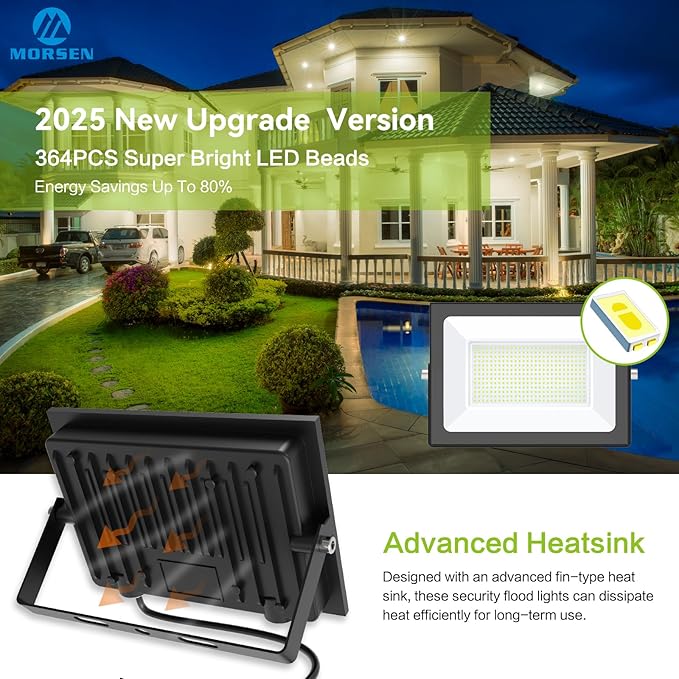 MORSEN LED Flood Light Outdoor 200W 30000 Lumens Work Light with Plug 6500K Outside Portable Exteriores Security Floodlights for Yard Garage Garden Lawn IP66 Waterproof Flood Light 2 Pack