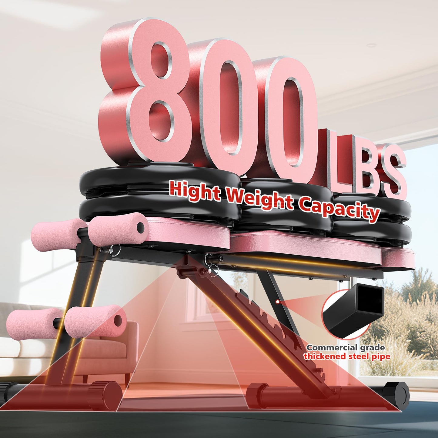 XDDIAS Workout Bench, 10 Backrests Adjustable Weight Bench with Extended Headrest, 800LBS Foldable Weight Bench for Home Gym, Incline Decline Flat Bench Compact for Small Space Training, Pink