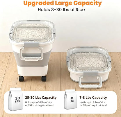30 Lbs Rice Storage Container with Wheels, Collapsible Airtight Food Storage Container with Transparent Lid, Measuring Cup, Scoop, Handle, BPA Free Rice Holder for Pet Food, Grain, and Bird Seed