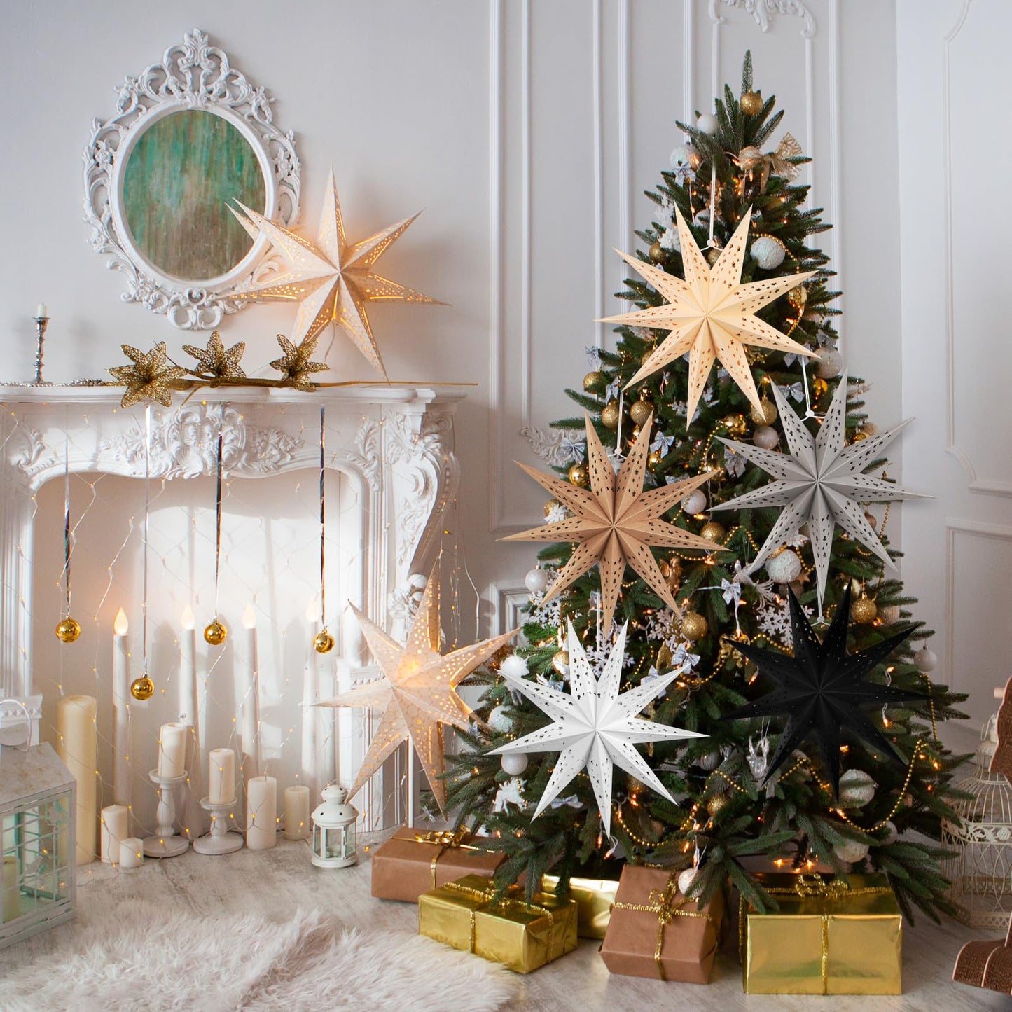 SUNBEAUTY 9-Pointed 12 Inch Hollow Out Paper Star Lanterns Brown White Gray Christmas Lanterns Hanging Lamp Paper Decorations Shade Wedding Birthday Christmas Home Party Decorations