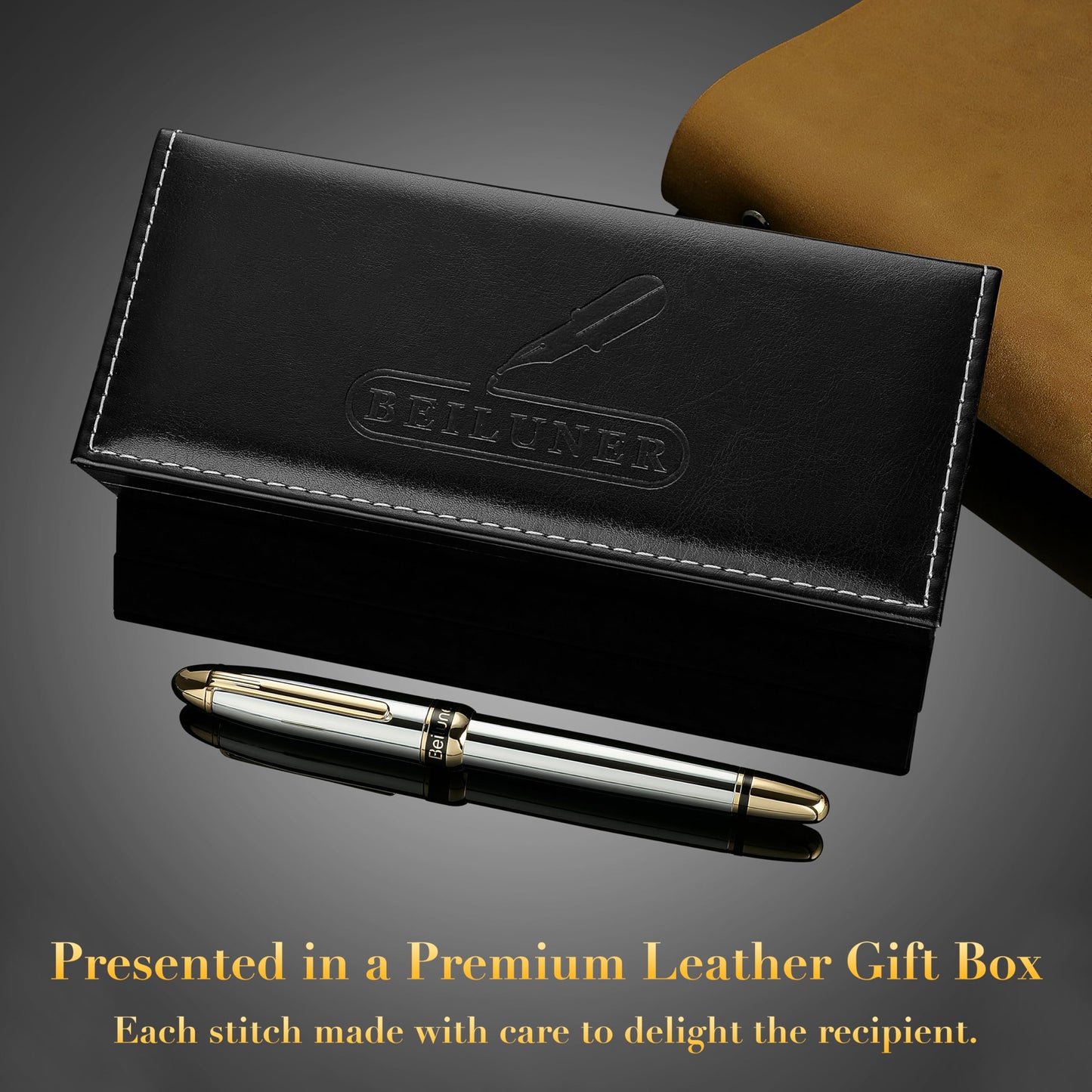 BEILUNER 315 Silver Chrome Fountain Pen,Stunning Luxury Pens with 24K Gold Accents, Gorgeous 24K Gilded Nib(Medium), Ink Converter,Fancy Pen Gift for Men&Women-Elegant, Office, Reliable, Nice Design