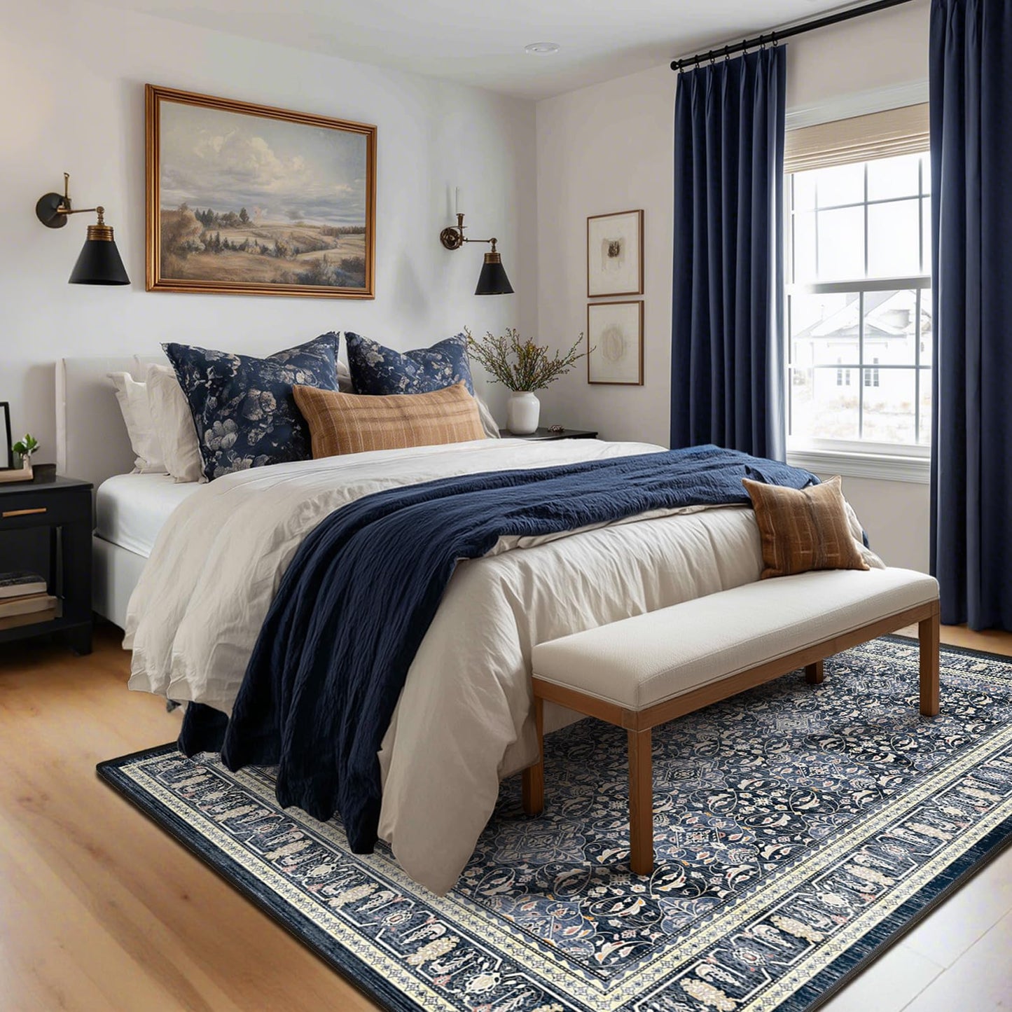 Jainmy Dark Blue Area Rug 6x9, Boho Floral Moroccan Trellis Printed Transitional Style Rugs for Living Room Bedroom, Washable Non Slip Low Pile Thin Carpet Rug for Dining Room Guest Room Home Office