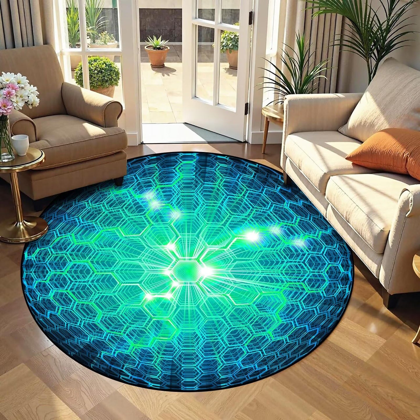 DJNEAR Geometric Round Rug 6ft 3D Honeycomb Circle Area Rugs Modern Aesthetic Carpet Living Dining Room Bedroom Throw Rugs Floor Mat Doormat Home Decor, Teal