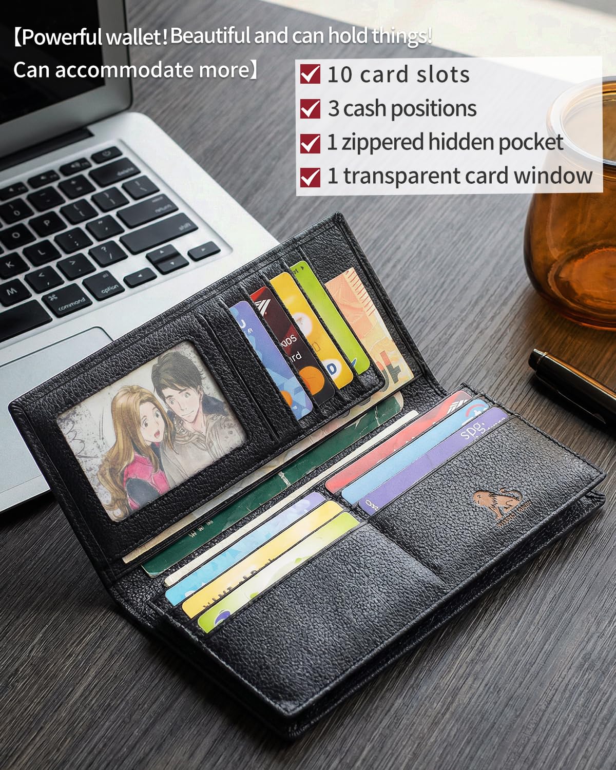 STEELLION Unisex Vintage Leather Long Bifold Wallet - RFID Blocking Billfold with ID Window & Multi-Card Slots - Genuine Cowhide Cash & Receipt Organizer for Travel (91644-Black)