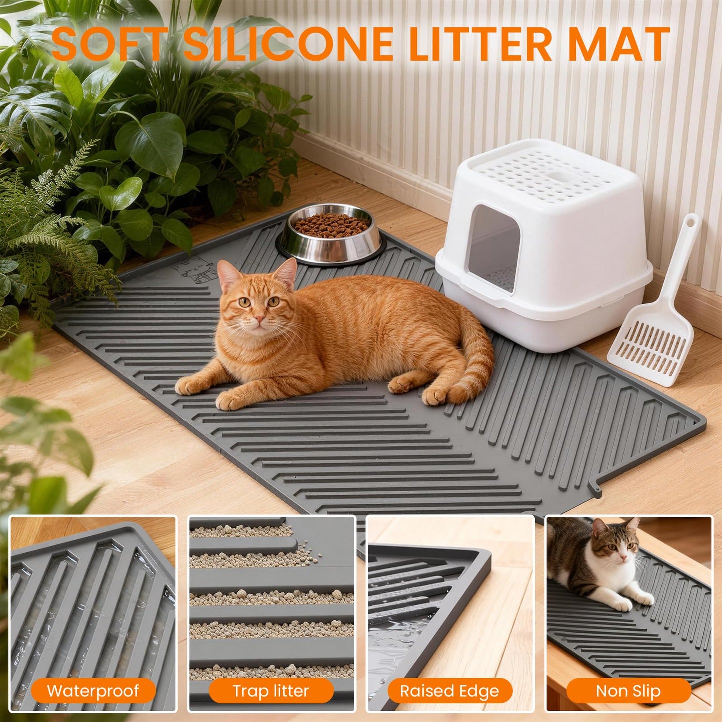 Barkitty Cat Litter Mat, Large 34" x 22" Litter Trapping Mat, Silicone Litter Mat for Litter Box, Waterproof Foldable & Easy Clean, Scatter Control, Soft on Paws, Gray