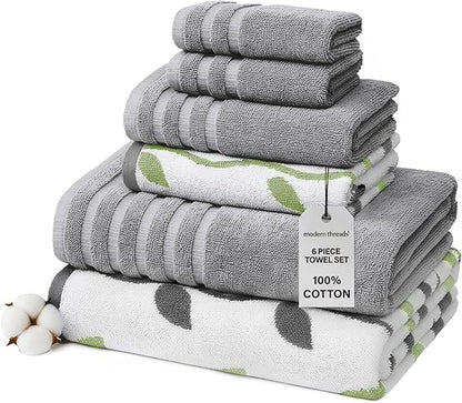 Modern Threads Organic Vines 6-Piece 100% Cotton Towel Set – Yarn Dyed Jacquard