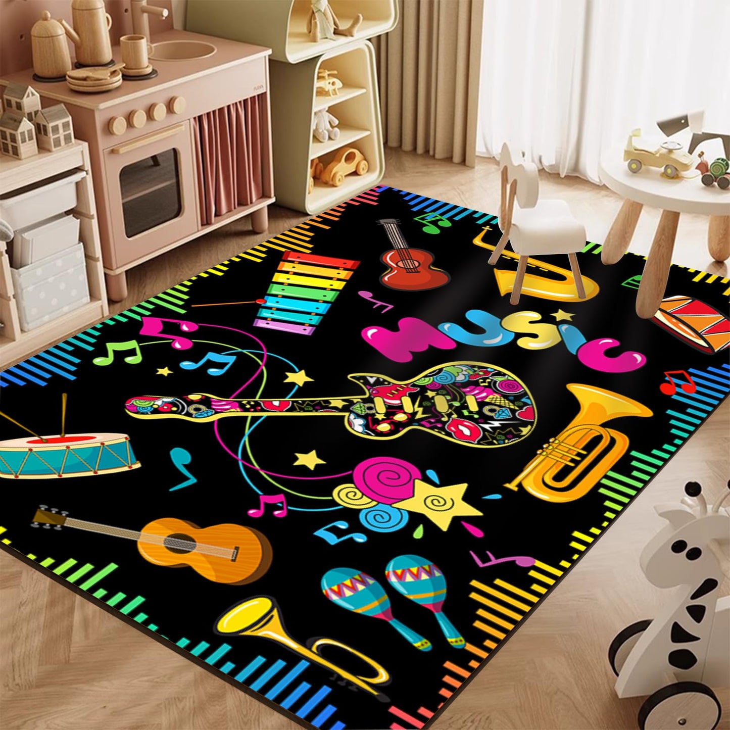 PLMHXC Musical Notes Musical Elements Printed Area Rug, 3x4ft, Guitar Drum Music Keyboard Classroom Playmat for Preschool, Durable Low Pile Fade Resistant Reduce Noise Rugs for Hallway Indoor