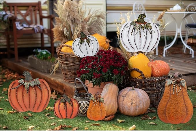Metal Pumpkin Stakes Yard Signs Fall Decor Decorative Garden Stake Lawn Pumpkins Ornaments Outdoor Autumn Decoration for Harvest Halloween Thanksgiving (26" H White)