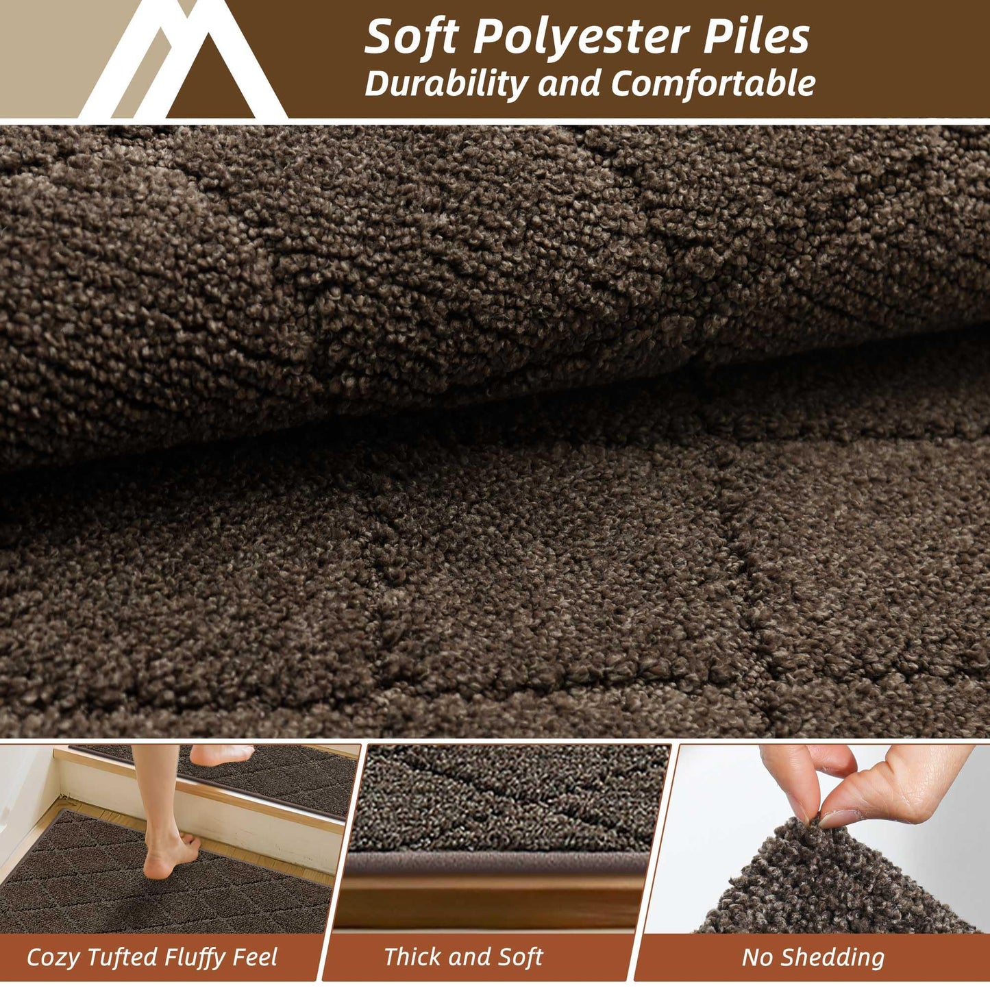 COSY HOMEER Edging Stair Treads Non-Slip Corner Indoor Stair Runners for Wooden Steps,Landing Slip Resistant Stair Rugs Mat for Kids and Dogs,100% Polyester TPE Backing,Brown,30x30 inch