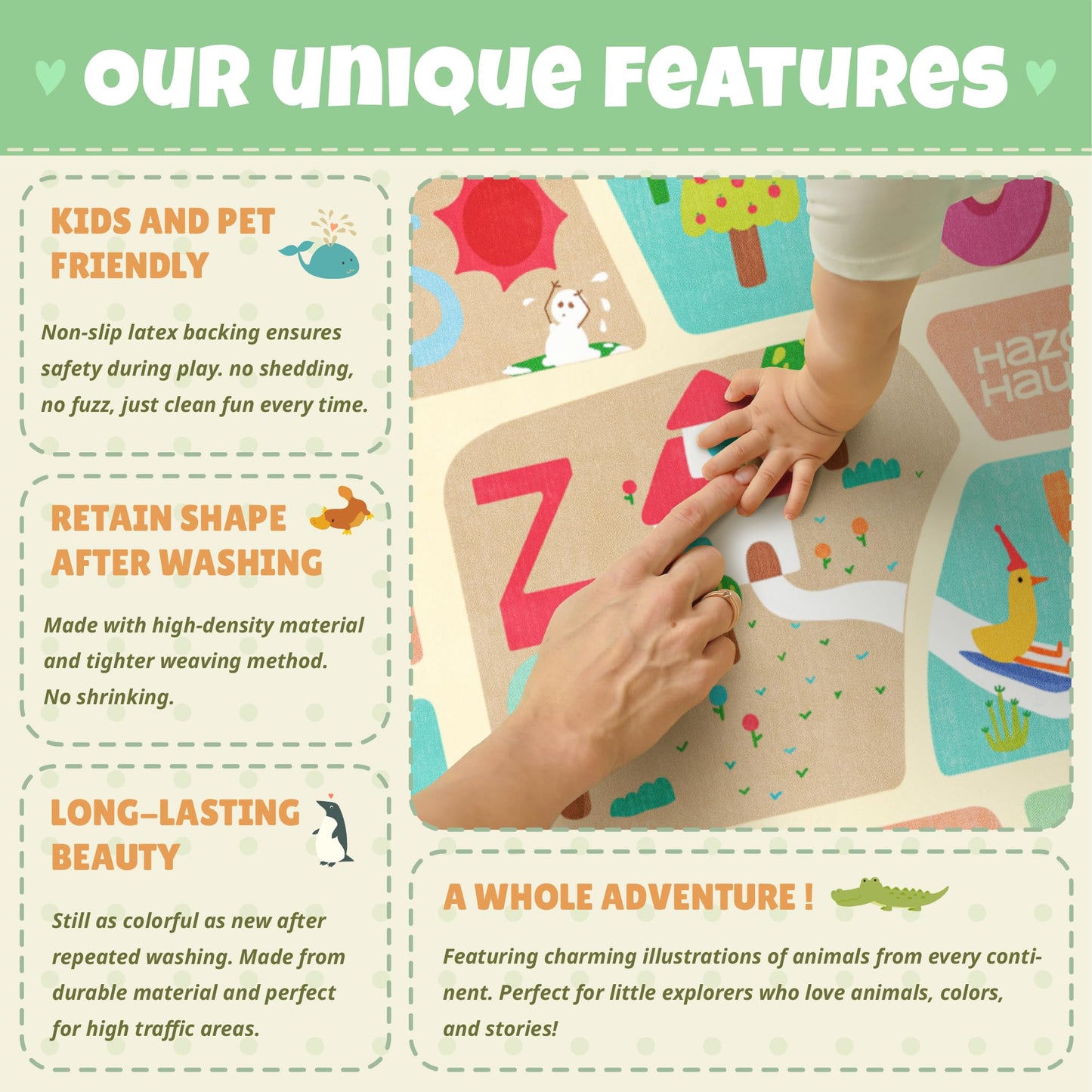 ABC Alphabet Rug for Nursery Room – 5x8 Baby Play Mat for Preschool, Washable Play Room Carpet, Soft & Safe Toddler Crawling Map with Fun Educational Letters and Cute Cartoon Art Decor