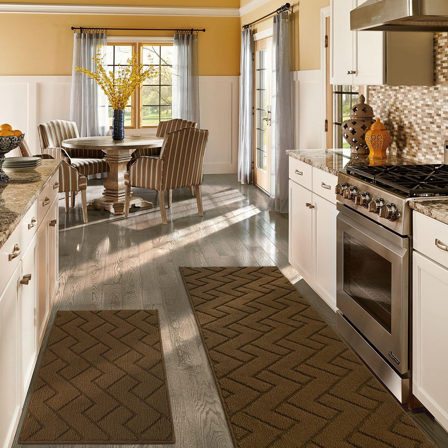 hicorfe Kitchen Runner Rugs and Mats Sets,2 Pieces Absorbent Non-Slip Kitchen Rug,Comfort Kitchen Mat for Floor,Washable for Kitchen,Hallway,Office,Sink,Laundry(20"x48"+20"x32",Dark Brown)