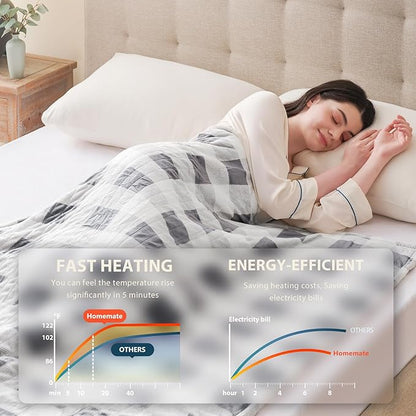 Homemate Electric Blanket Heated Throw - 50“x60“ Ultra Soft Cozy Flannel Heating Blanket with 10 Fast Heat Levels 8 Hours Auto Off Over-Heated Protection ETL Certification Keep Warm in Home Office