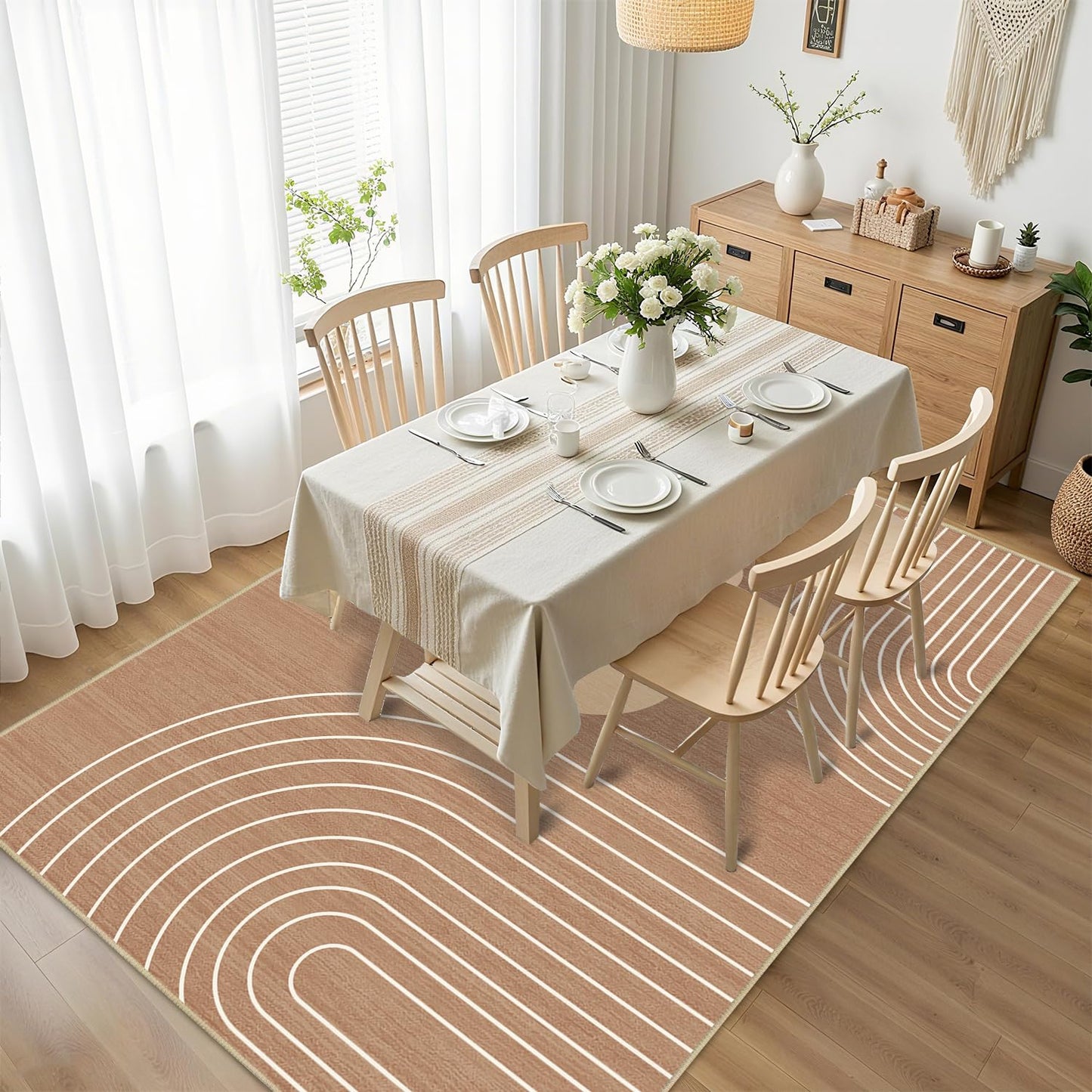 Boho Rug 3x5 Modern Geometric Minimalist Abstract Line Area Rug for Entryway Living Room Brown Mid Century Modern Machine Washable Non-Slip Printed Low-Pile Floor Carpet for Kitchen Bedroom Brown