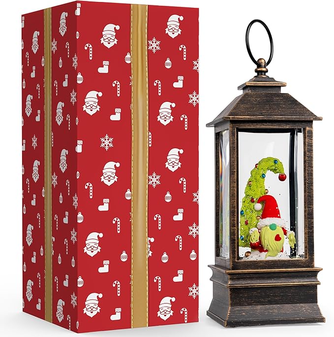 Christmas Snow Globe Lantern Water Glittering Xmas Gnome with Music, USB Lined/Battery Operated Lighted Lantern for Christmas Festival Decoration Gifts