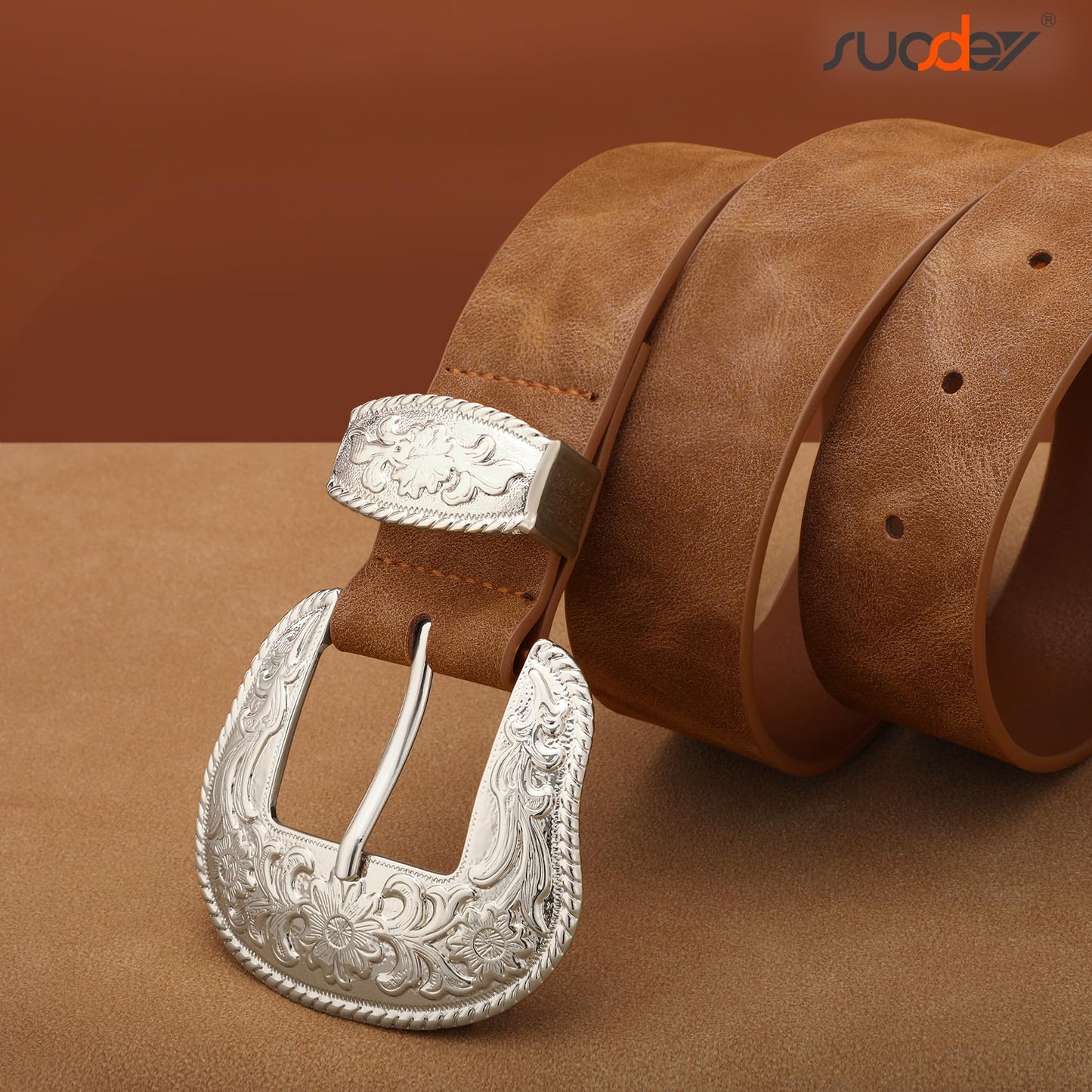 SUOSDEY Women Country Western Belt Cowgirl Cowboy Vintage Leather Belt with Western Style Big Buckle for Jeans Dresses
