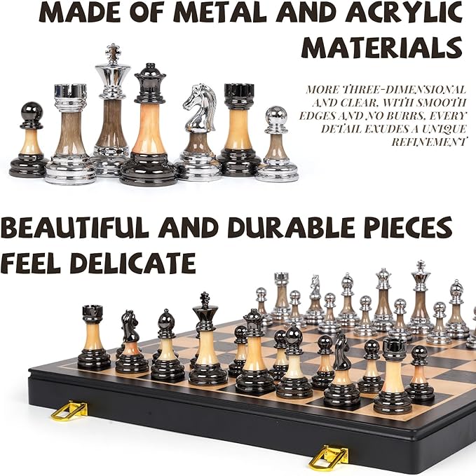 Luxury Large Metal &amp Acrylic Chess Set with Wooden Chess Board (17”) – Weighted Chess Pieces with 3.5” King Foldable Tournament Chess Set for Adults &amp Kids Professional Chess Game Set