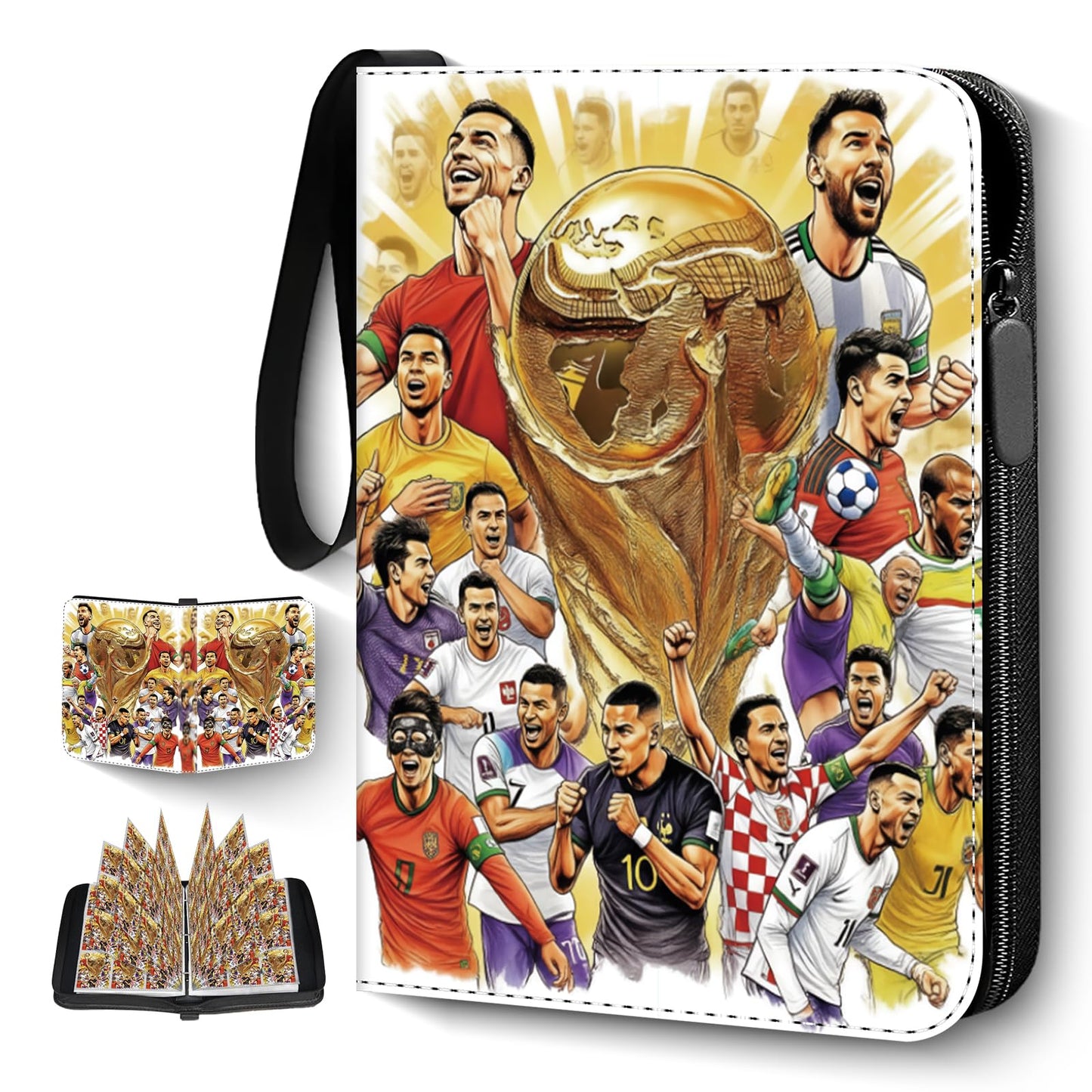 Soccer Card Binder 9 Pocket,Trading Card Binder Fits 900 Cards with 50 Removable Sleeves,Waterproof PU Leather 3-Ring Zipper Card Organizer,Portable Card Holder for Football Fans ＆ Collectors