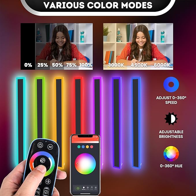 23.6’’ Upgraded Modern RGB Wall Lights – Indoor/Outdoor LED Wall Sconce with Remote & App, Cool/Warm White, Party Mode, IP65 Waterproof & Rustproof – for Home, Business, or Gaming Spaces