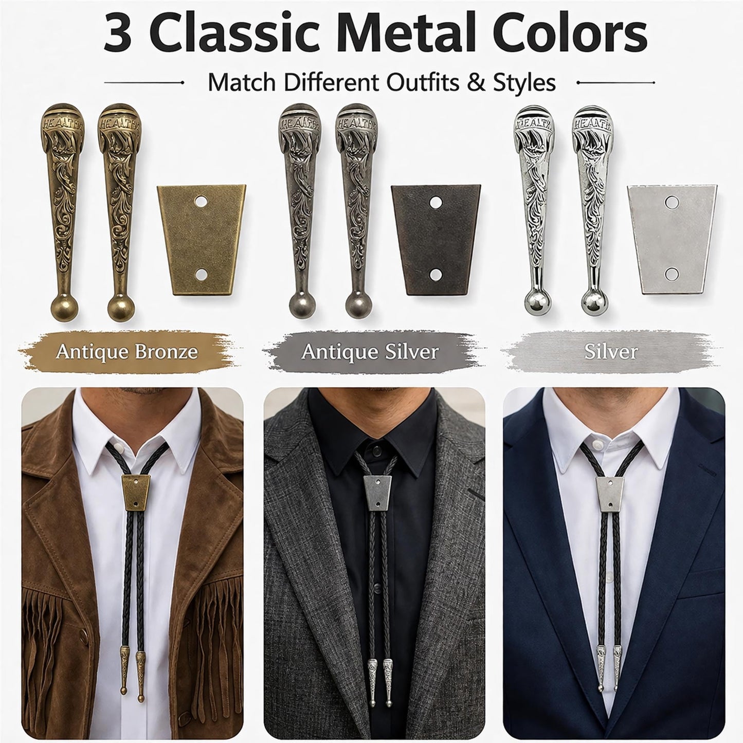 VTOS 3 Sets Bolo Tie Findings Kits with Iron Slide Clasp Buckle, Alloy Replacement End Tips, and Braided Necktie Leather Cord for Men Women