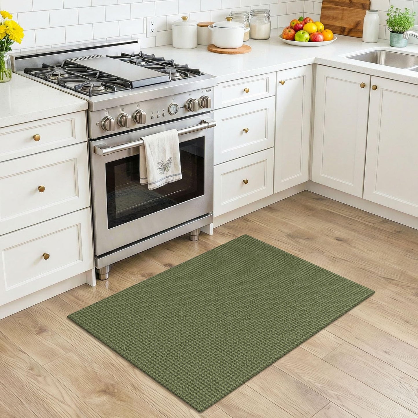 KOZYFLY Indoor Door Mat 2x3 ft Small Area Rugs Washable Front Door Mat Non Slip Rubber Backed Entryway Rug Cotton Entrance Doormat for Front Porch Kitchen Bedroom, Olive Green/Earthy Green
