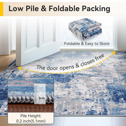 RELEANY Washable Area Rugs 5'x7' Non-Slip Modern Abstract Soft for Living Room Entryway Bedroom Kitchen, Print Pattern, Blue Grey Navy Gray