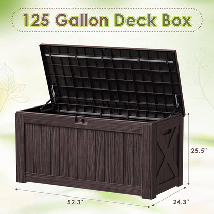 Devoko 125 Gallon Outdoor Storage Box, Waterproof Resin Deck Box for Patio Furniture, Lockable Container for Garden Cushions & Pool Supplies (Brown, 125 Gallon)