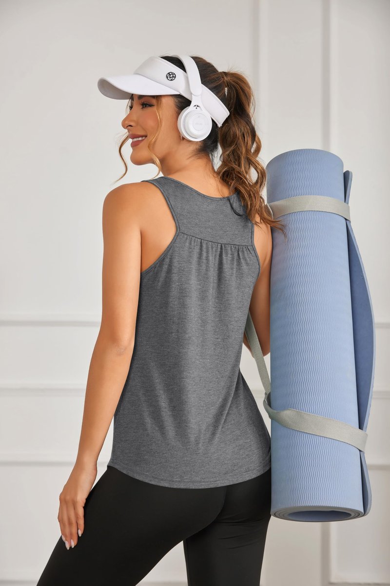 PINSPARK Workout Tops for Women Sleveless Exercise Tops Loose Fit Yoga Tank Top Quick Dry Racer Back Athletic Running Shirts,Fuchsia/Dark Grey S
