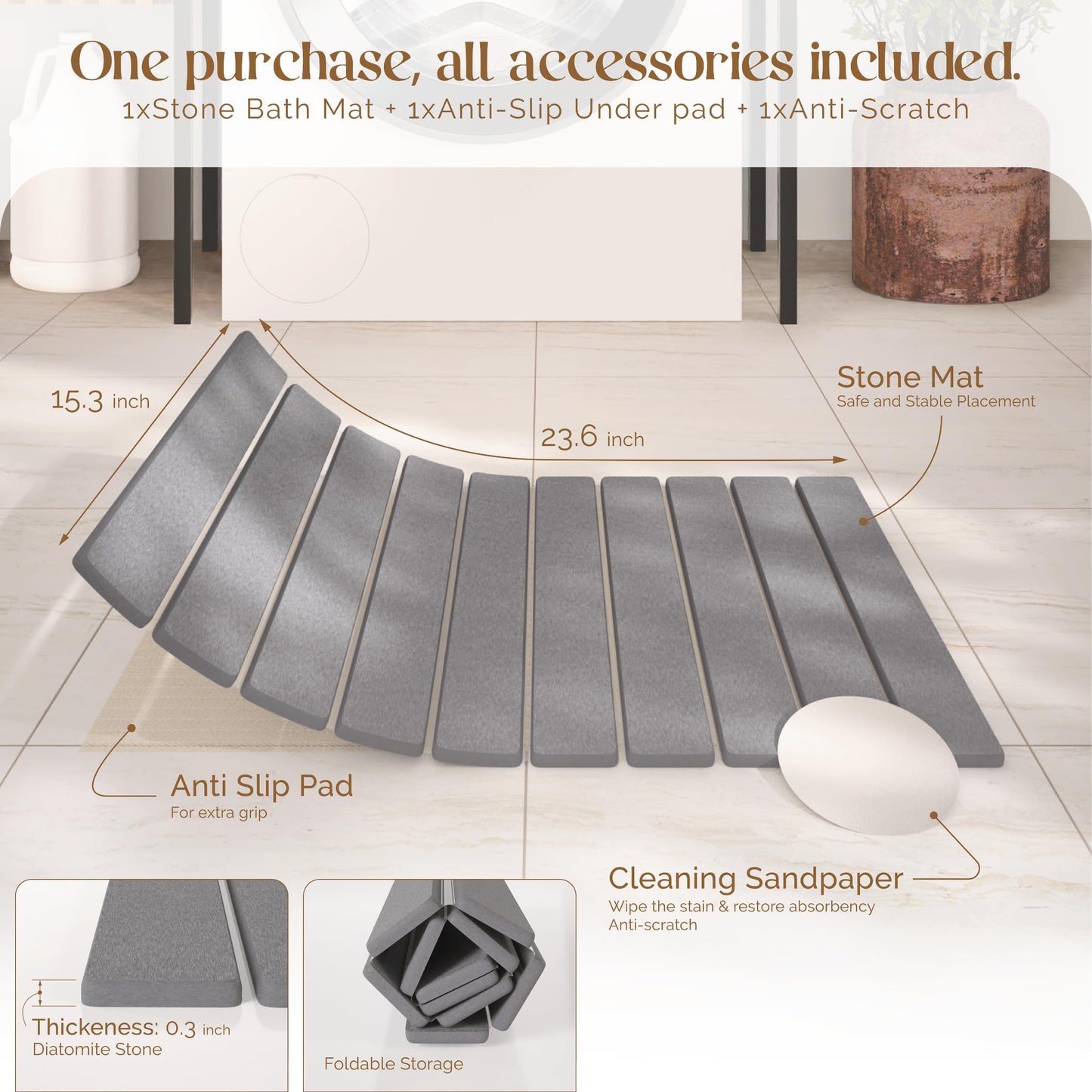 Stone Bath Mat for Bathroom – Roll-Up & Foldable | 23.62" x 15.75" | Quick Drying & Super Absorbent | Long Diatomite Stone Drying Mat for Kitchen| Non-Slip | Durable | Gray