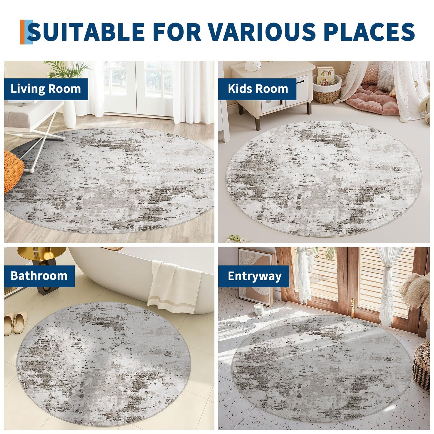 ROYHOME Modern Abstract 6x6 Round Area Rug Non Slip Non Shedding Rug Low Pile Stain Resistant for Bedroom Living Room Office Dining Room,Taupe/Beige