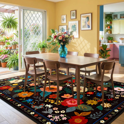 RELEANY Floral 5x7 Area Rugs Washable Print Boho Cute Carpet Non Slip Flower Low Pile for Living Room Bedroom Kitchen Office Farmhouse-Black