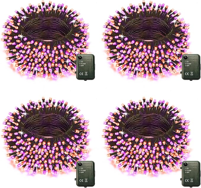 Halloween String Lights Battery Powered, 4 Pack Total 66.6 FT 200 LED Orange and Purple Halloween Lights Indoor Outdoor Decoration, Twinkle Fairy Light for Home Party Room Party Tree Decor