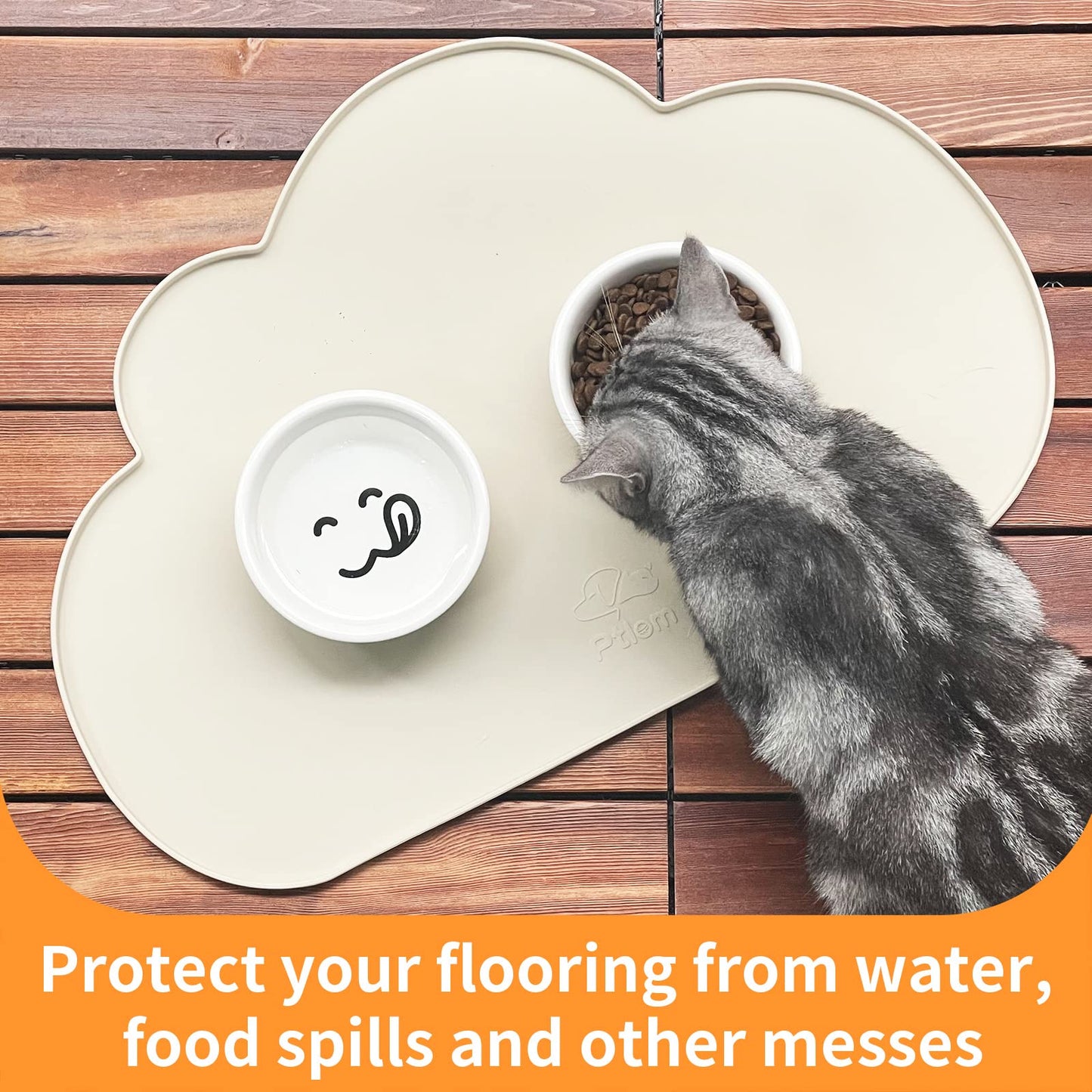 Ptlom Silicone Pet Feeding Mat for Dogs and Cats, High-Lips Pet Placemat Non-Slip Waterproof Bowl Mats Prevent Food and Water Overflow, Puppy Dish Tray Mat Suitable for Small Medium Large Pets, Beige