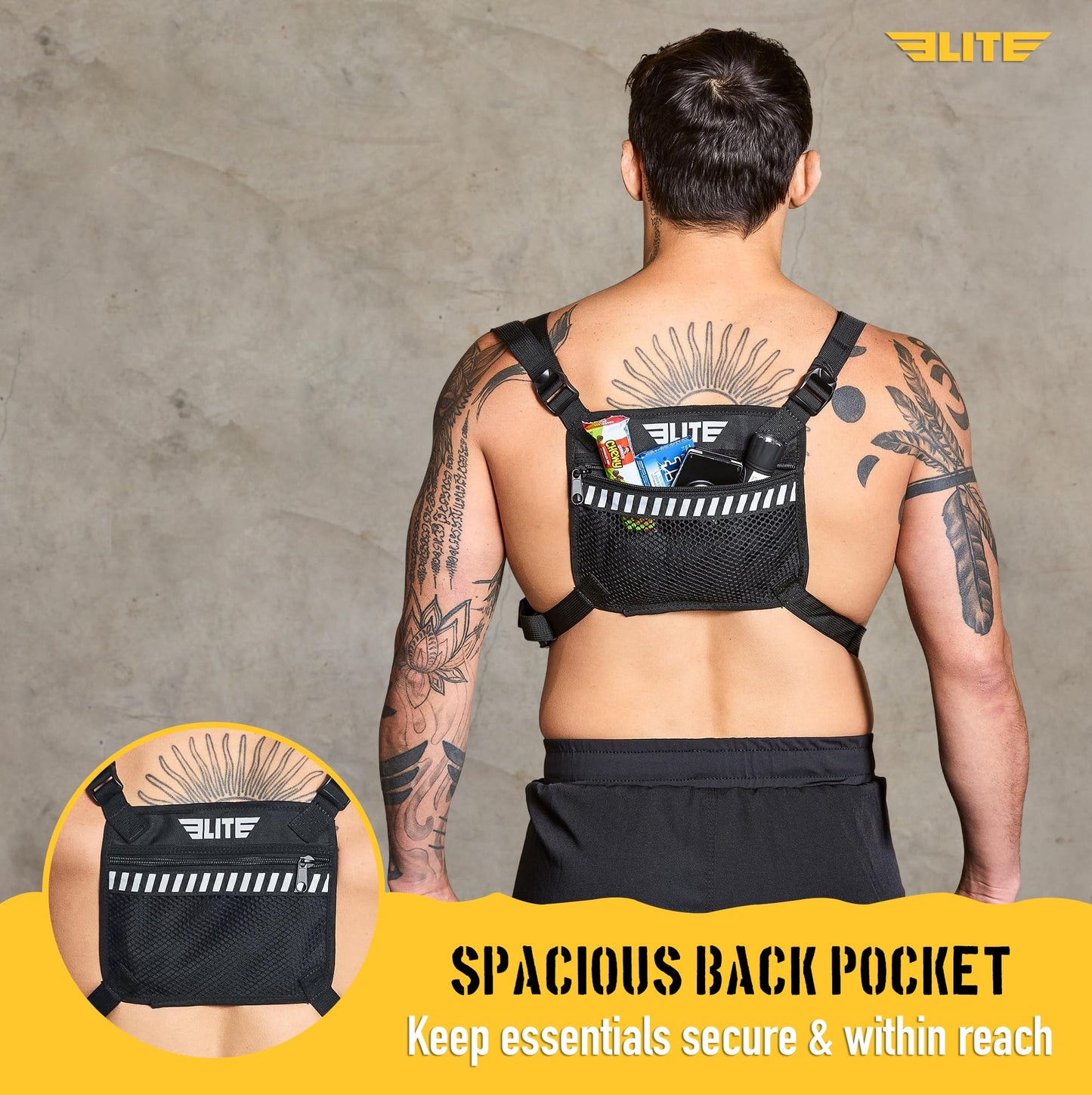 Elite Sports Running Vest w/Phone Holder for Men/Women, Reflective Lightweight Chest Pack w/Touch Friendly Phone Sleeve, Camera Pocket - Chest Rig for Hiking, Trail, Marathon, Camping