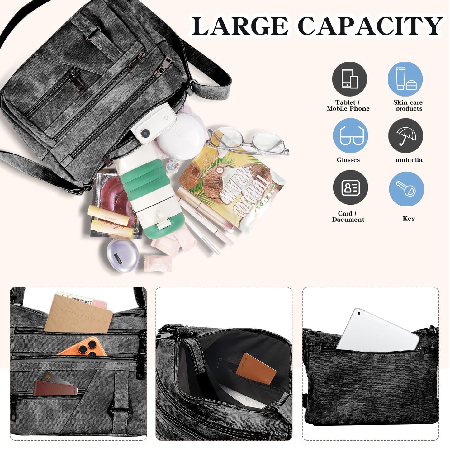 ELDA Crossbody Purse for Women Shoulder Bag Multi-Pockets Black Handbag Messenger Bag Trendy Travel Pocketbooks
