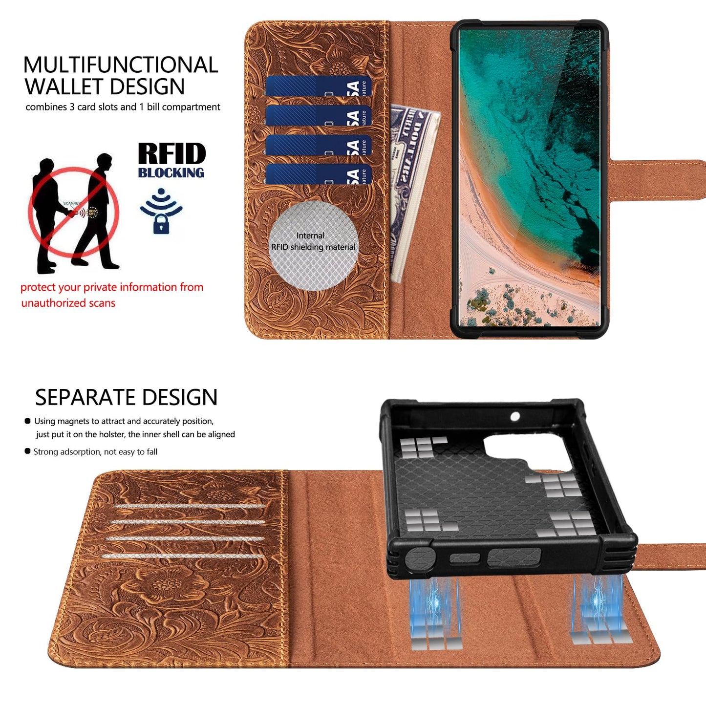 RMAWRAD Leather Case Wallet Compatible with Samsung Galaxy S24 Ultra,Genuine Leather2-in-1Magnetic Detachable Shockproof,Flip Folio Cover with Card Slot, RFID Blocking Dark Brown