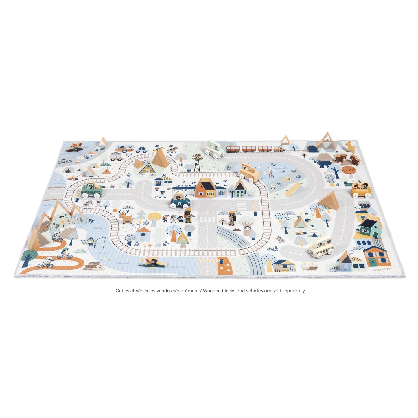 Janod - Children's Car Rug - Winter Mountain Theme - Soft & Non-Slip - Sports & Valley Pattern - Play Rug for Girls & Boys' Bedrooms - 120 x 78cm - Hand Washable - from 2 Years Old - J05940