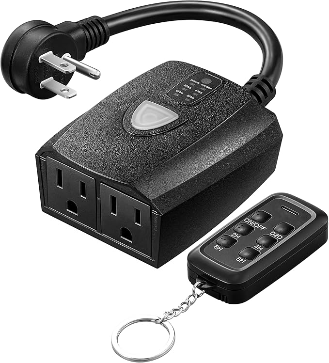 DEWENWILS Outdoor Timer Outlet Waterproof, 15A 1/2HP, 2 Grounded Outlets, 100FT Remote Control, Black, FCC Listed