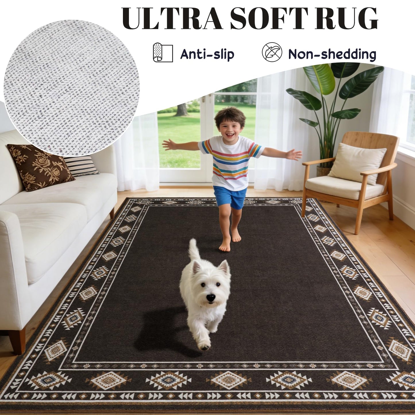 QDUIDU Large Area Rug for Bedroom Living Room, 4x6 Feet Ultra Soft Brown Rugs Washable Modern Geometric Bordered Non Slip Low Pile Carpets Home Decor