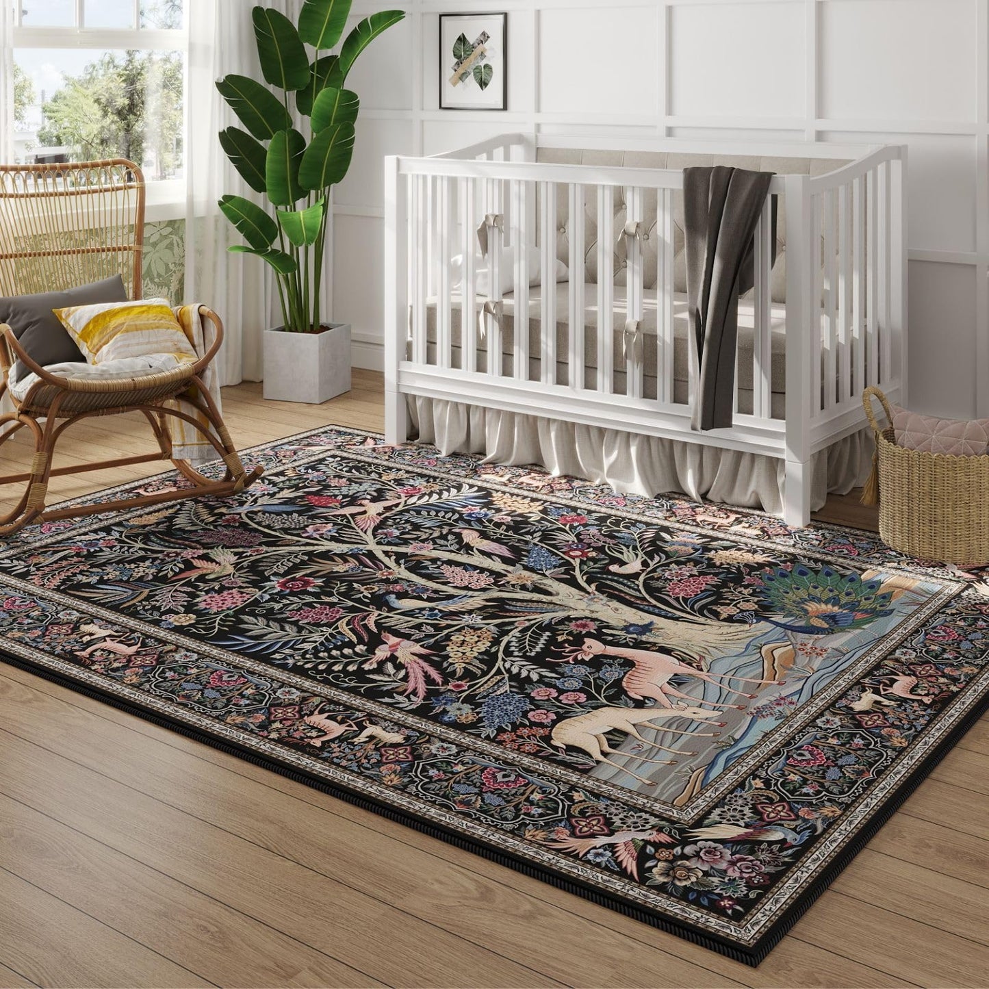 Rugcomf Area Rugs 5x7 Vibrant Tree of Life-Patterned Vintage Washable Area Rug Non Slip Low Pile Large Rugs for Living Room Bedroom Farmhouse Dining Room Kids Playroom, Black