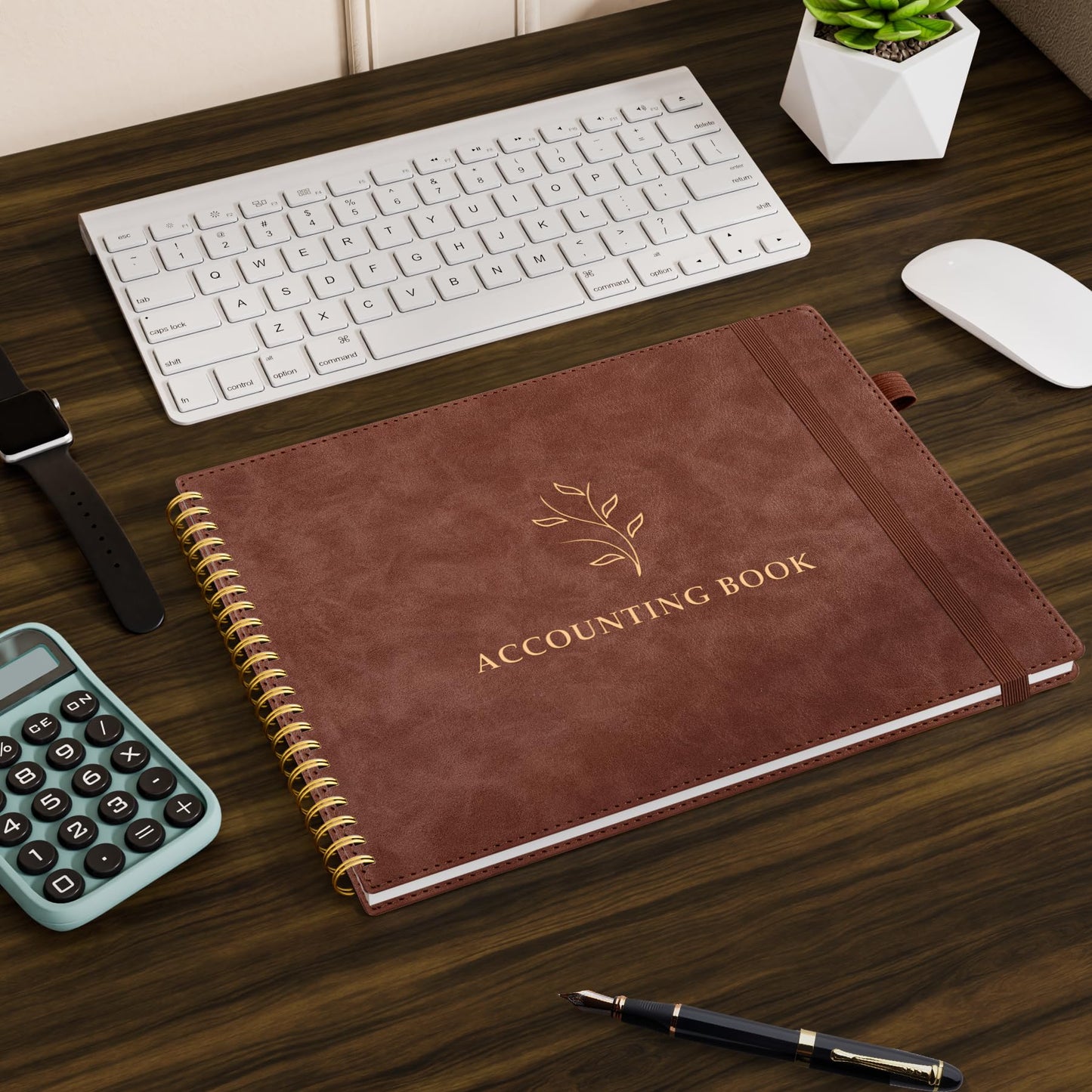 AKONEGE Accounting Ledger Book for Personal & Small Business Bookkeeping, Horizontal Income and Expense Tracker Notebook with Calendar, Hardcover Columnar Log Journal 10.78'' x 8'', Brown