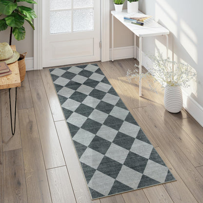 Beeiva Checkered Print Hallway Rug 2x6, Ultra Thin Kitchen Rug Runner Non Slip Washable Carpet Runners for Hallway 6ft, Modern Diamond Stain Resistant Floor Carpet for Bathroom Bedroom Entryway