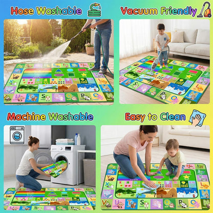 OGPJKEQR 3x5ft Kids Educational Rug, Non-Slip Machine Washable ABC Alphabet Mat & Learning Carpet for Playroom Bedroom, Nursery Floor Play Mat with Numbers, Animals & Seasons, Preschool Classroom Rugs