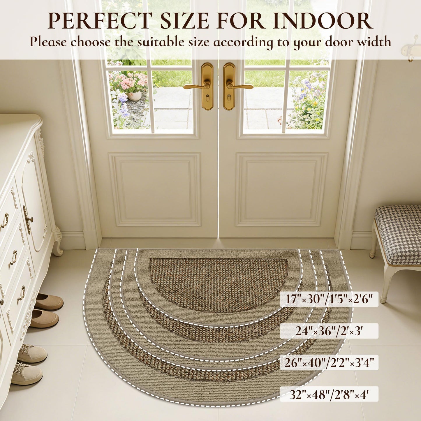 FLOORHUG Half Circle Door Mat Indoor Entrance Welcome, Non-Slip Washable Doormat, Trap Dirt and Moisture, Low Profile Mats for Indoor Entry, 17"x30", Beige