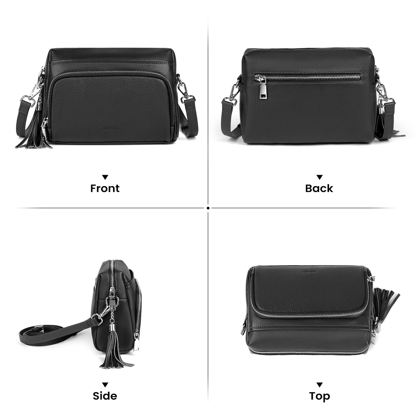 befen Black Genuine Leather Crossbody Bags for Women, Woman Anti-Theft Cross Body Shoulder Purse with Built in RFID Wallet