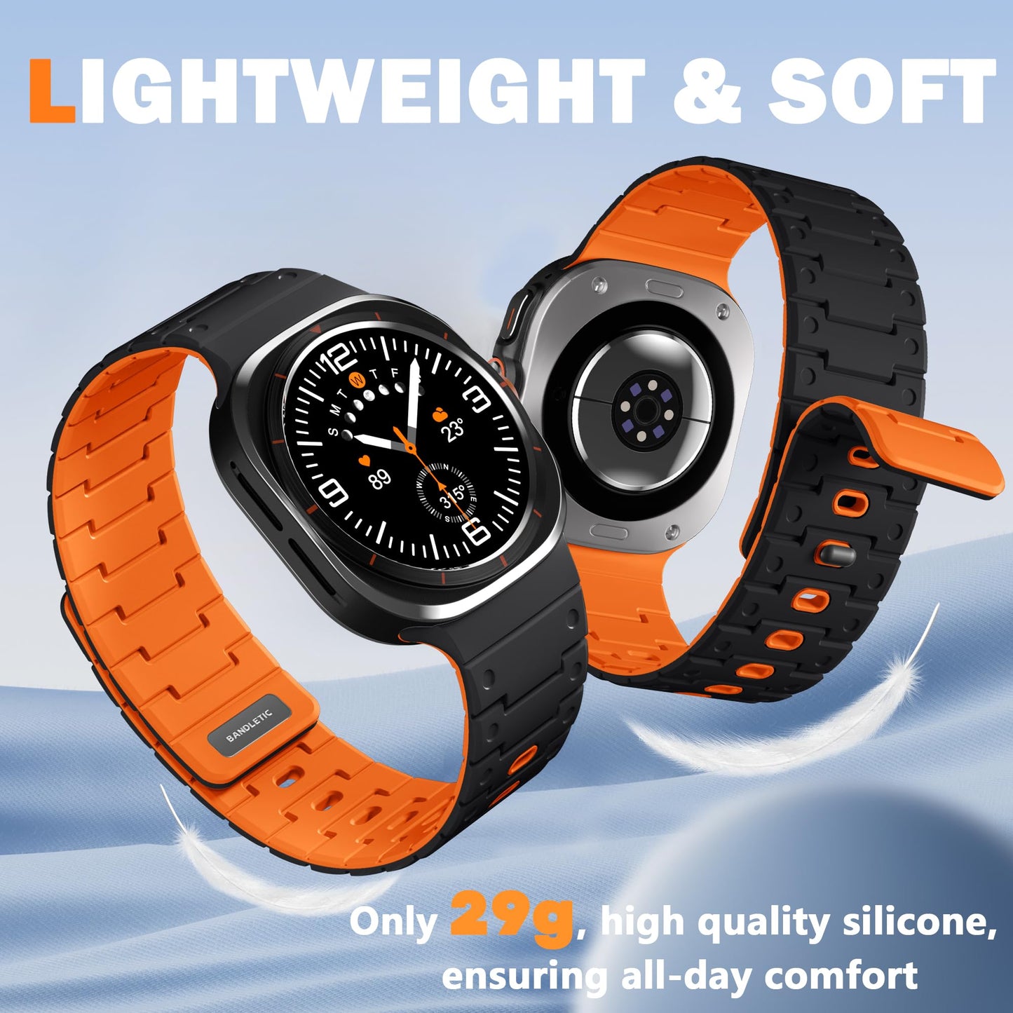 Bandletic Watchband Compatible with Samsung Galaxy Watch Ultra(2025/2024)Bands 47mm for Women, Silicone Strong Magnet Wristbands Adjustable Sport Strap for Galaxy Watch Ultra Bands for Man, Black Orange