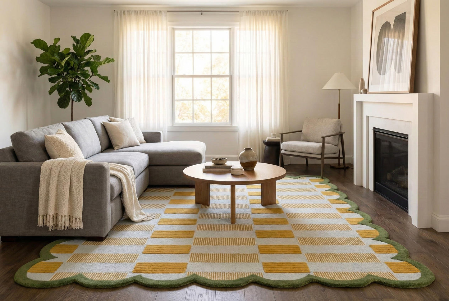 RUGWYN Hand-Tufted Scalloped Wool Area Rug, Modern Plaid Checkered Pattern, Soft & Durable Cozy Accent Rug for Living Room, Bedroom & Nursery, Handmade Decorative Carpet (Light Blue, 4' x 6')
