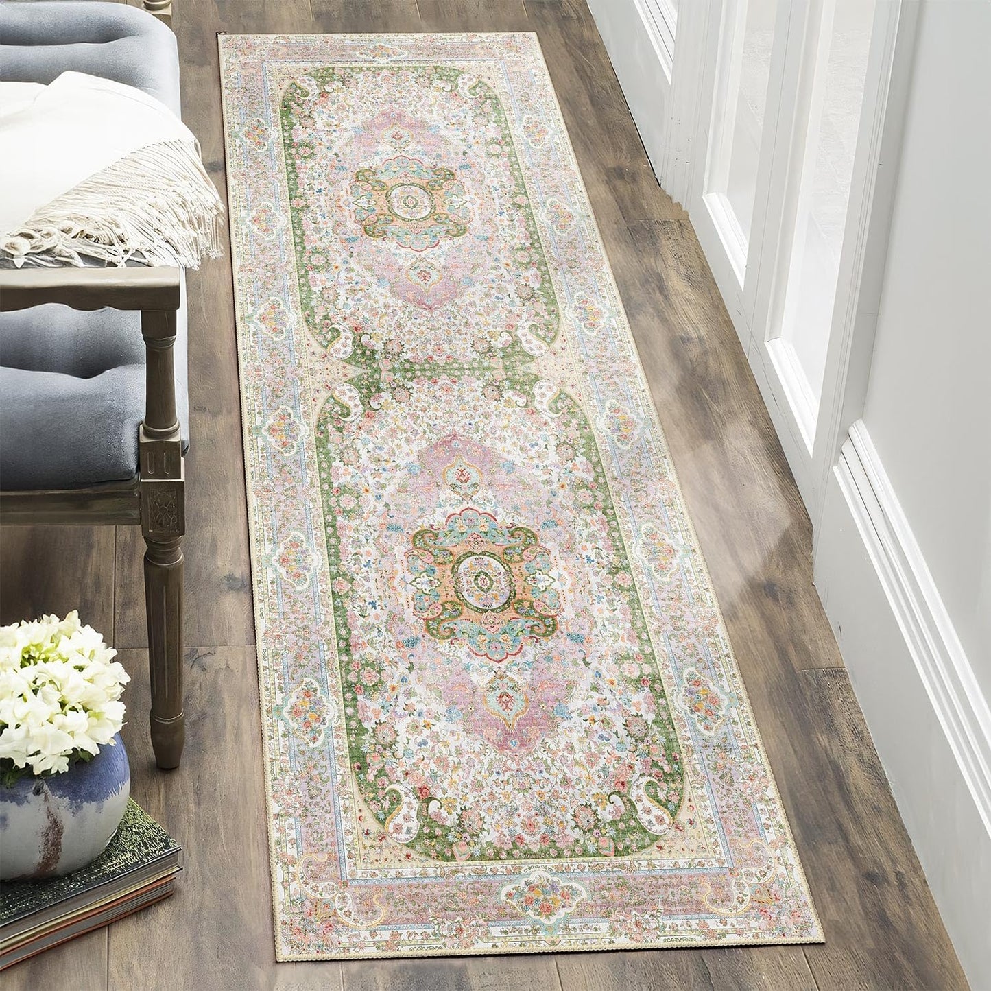 Castage Washable Runner Rug 2x6,Pink Rug Runners Non Slip,Long Boho Rugs for Hallways Kitchen Bedroom Entryway Living Room Bathroom,Vintage Bohemian Distressed Floor Carpet,Blush Green