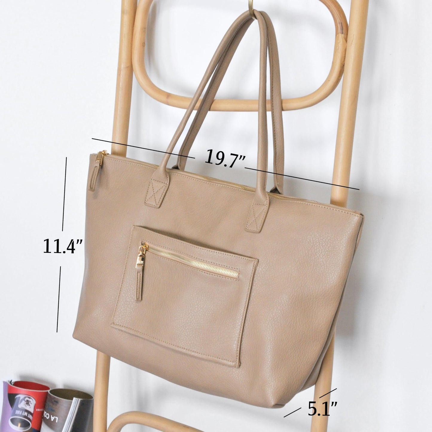 Tote Bag for Women with Zipper Vegan Leather Handbag with Trolley Sleeve Travel Weekender Carryall Bag (Nude)