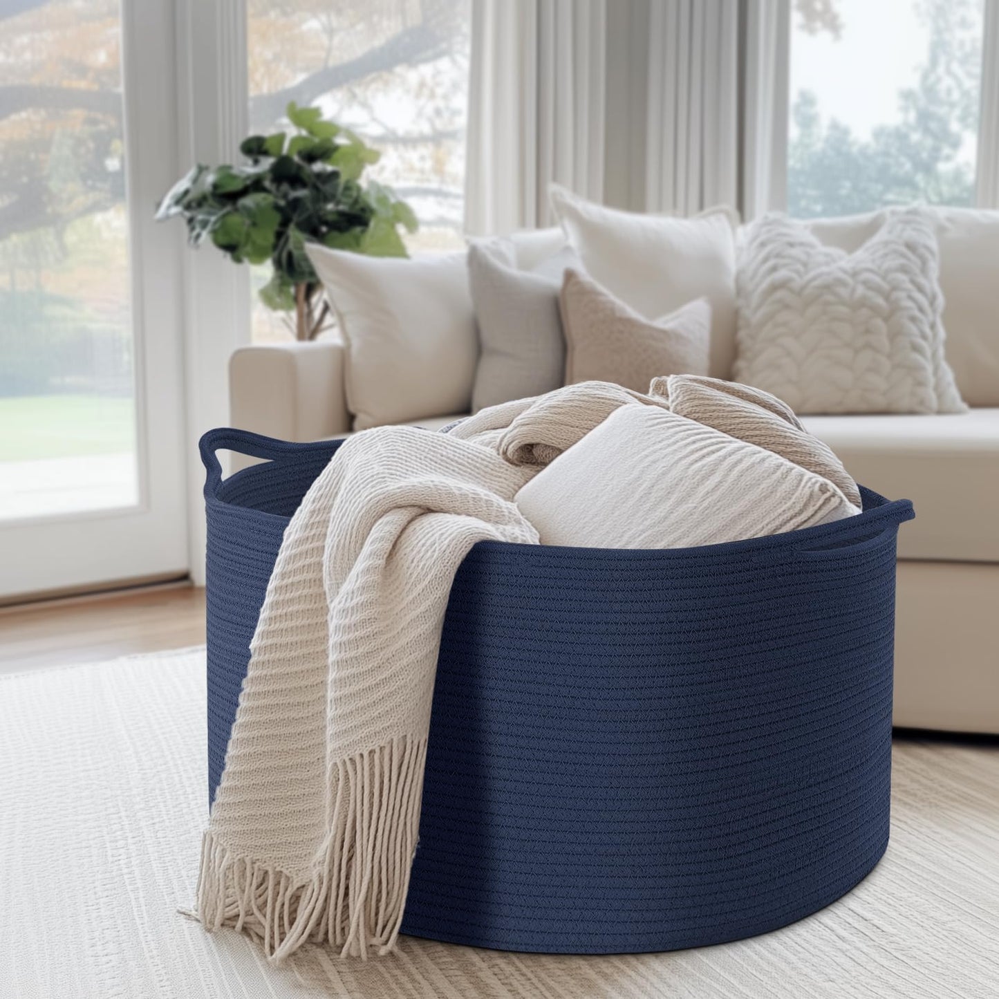 Extra Large Blanket Basket, Maliton Cotton Rope Bin for Toys, Woven Laundry Hamper with Handles, Decorative Storage for Living Room, Bedroom, Kids Room, Bathroom, 22" x 22" x 14", Blue